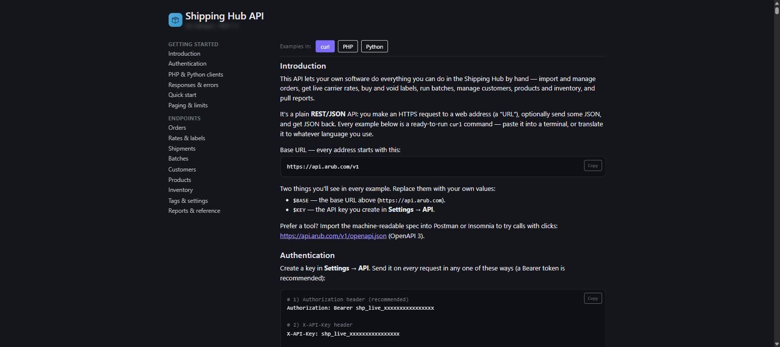 The built-in API reference page listing endpoints, parameters and example responses.