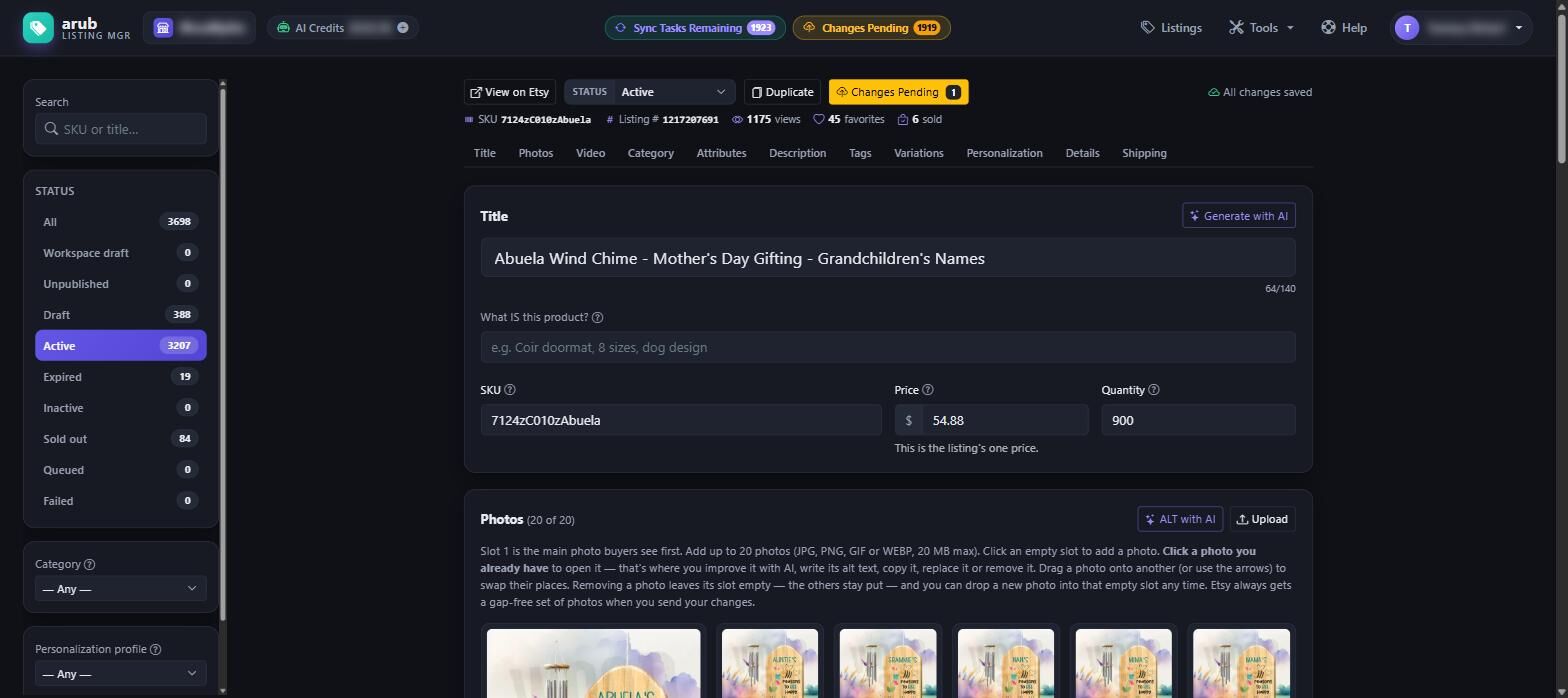 The Arub listing editor with tabs for title, photos, video, category, attributes, description, tags, variations, personalization, details and shipping.