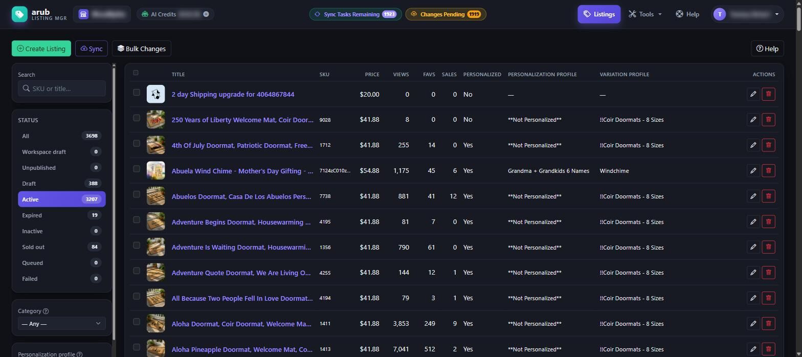 The listings grid showing product rows with thumbnails, SKUs, status and filters down the side.