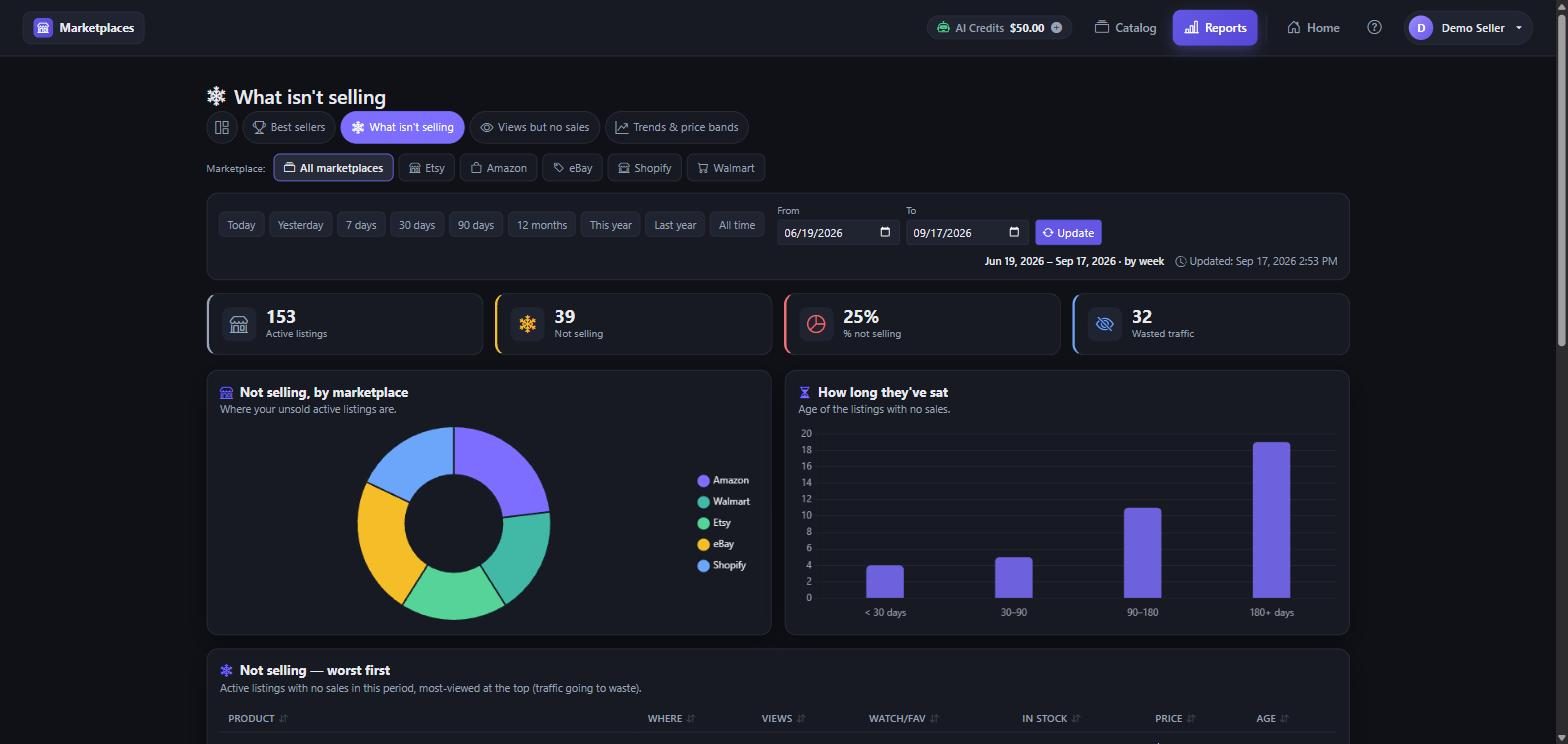 The What Isn't Selling report across all marketplaces, showing active listing count, percent not selling, wasted traffic, a by-marketplace breakdown and an age-of-listing chart.