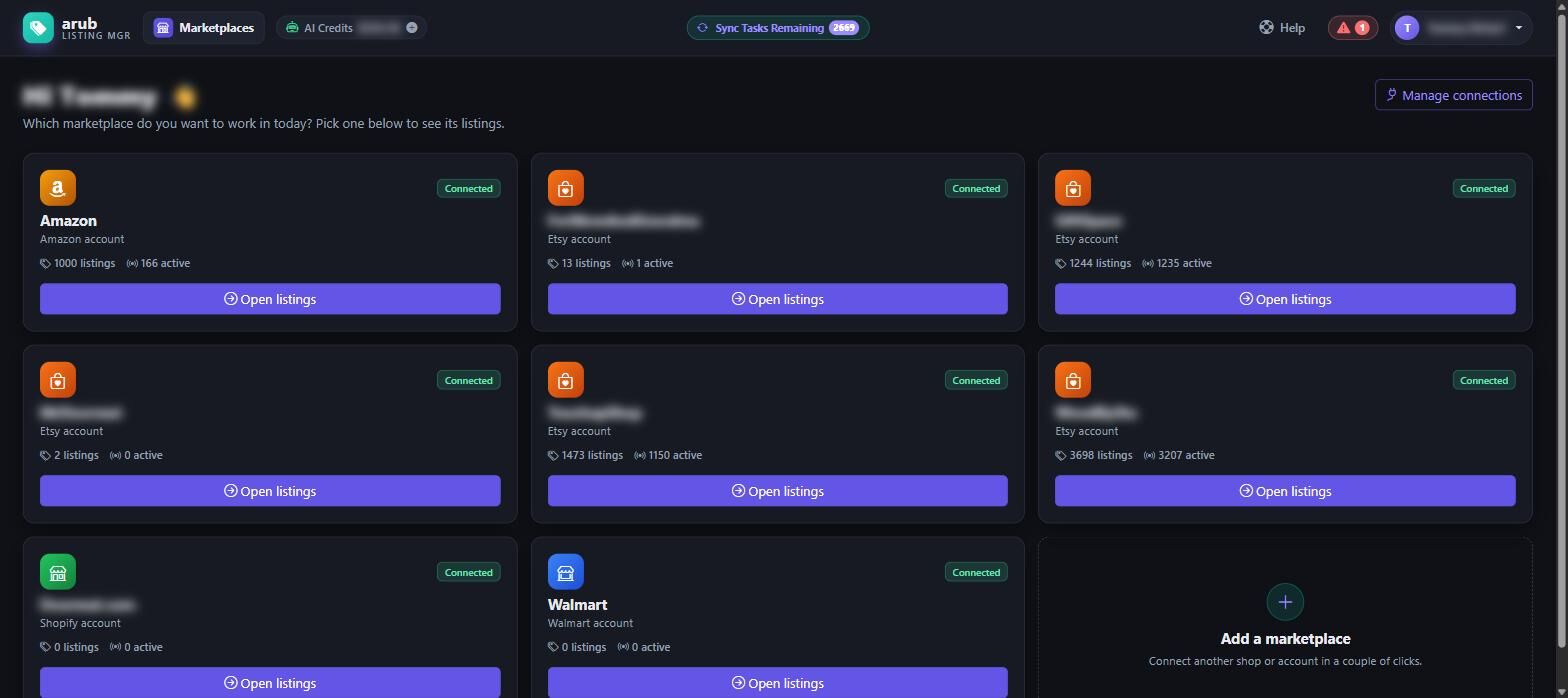 The marketplaces hub showing connected shops as cards with their status and listing counts.