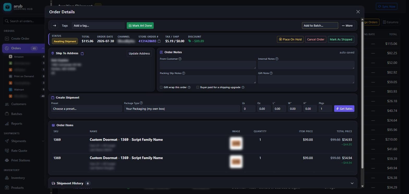The Arub order detail panel showing status, totals, ship-to address, four note fields, package entry and the order's line items.