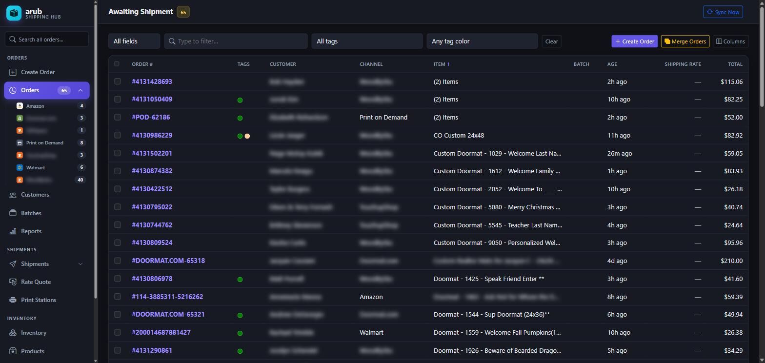 The Arub order queue, showing orders from several marketplaces in one list with tags, channel, item, age and total.