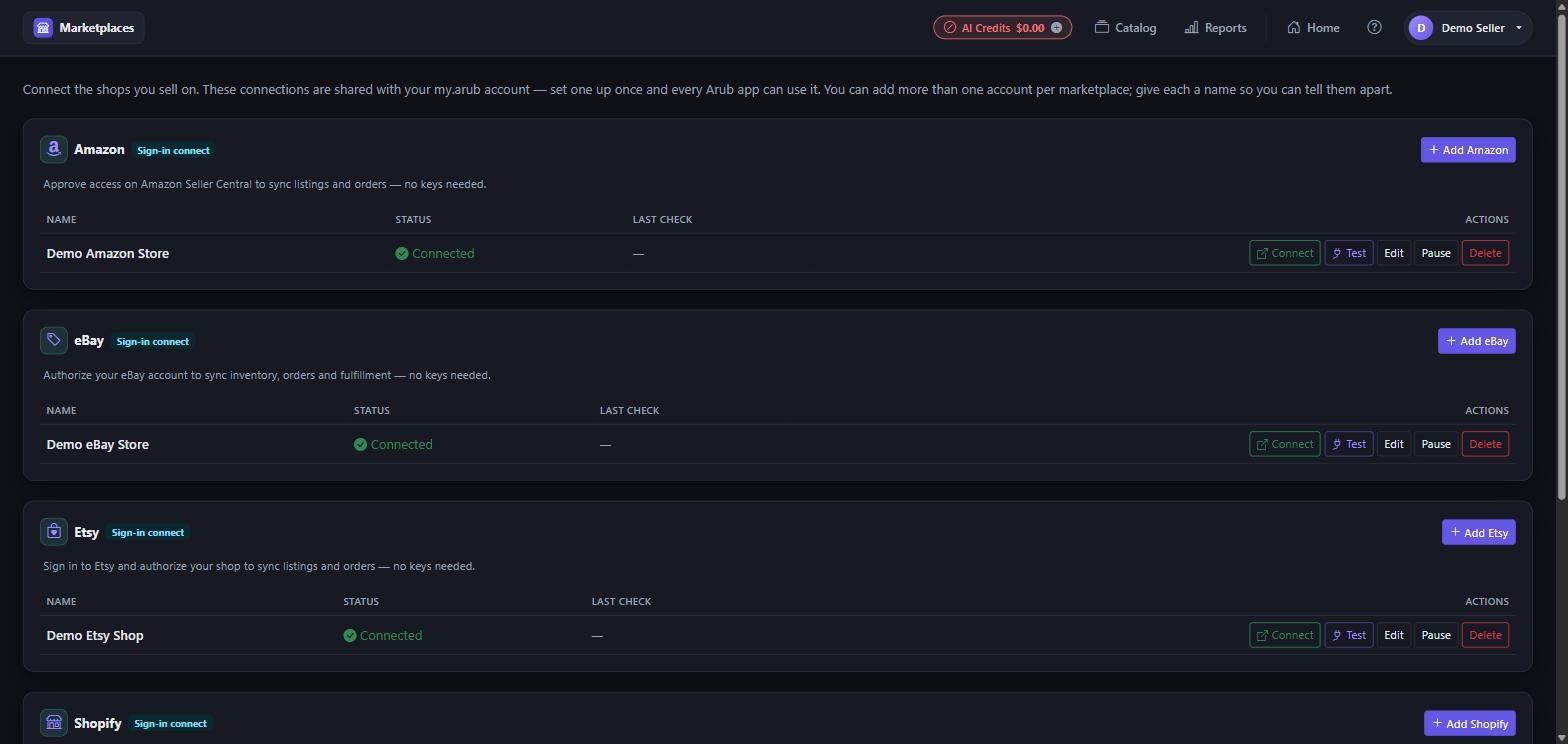 The marketplaces hub showing each connected shop with its listing count.
