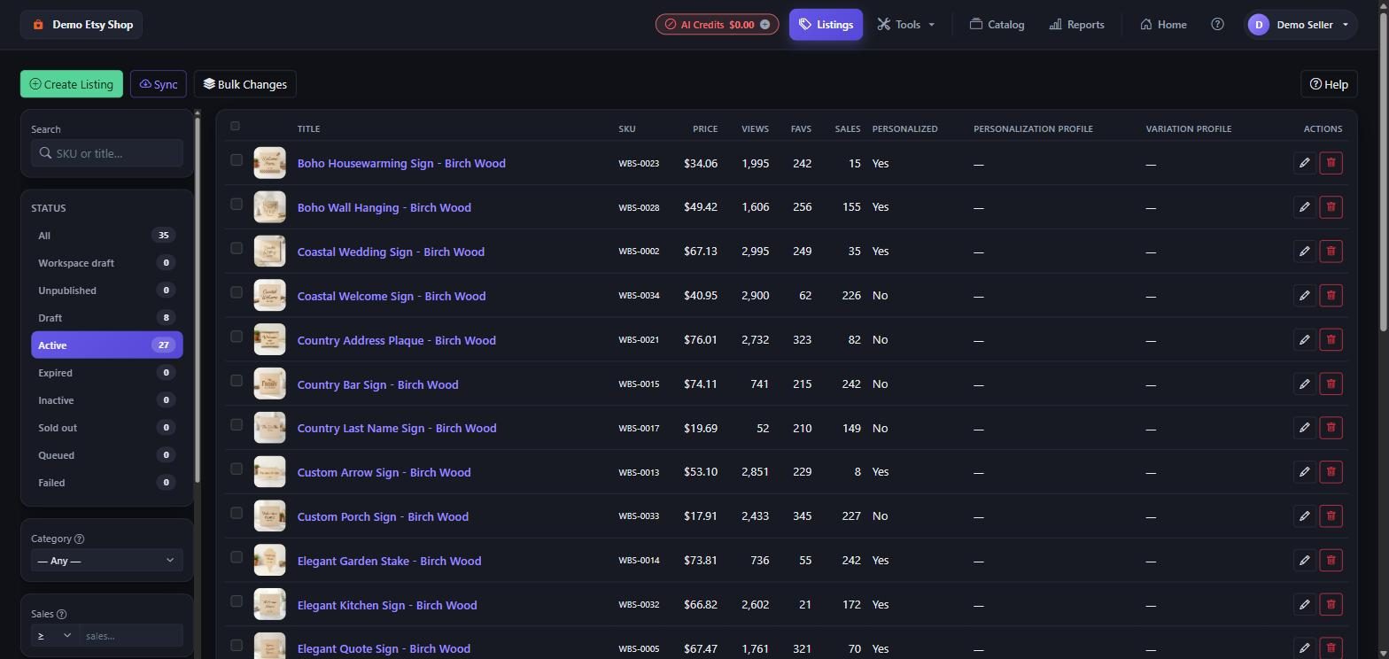 The listings grid showing each listing with its photo, price, stock and status.