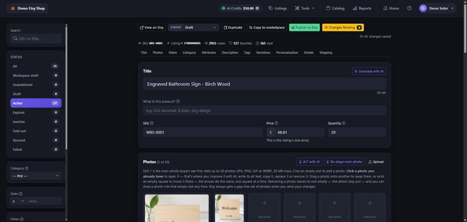 The listing editor with tabs for title, photos, category, attributes, description, tags and variations.