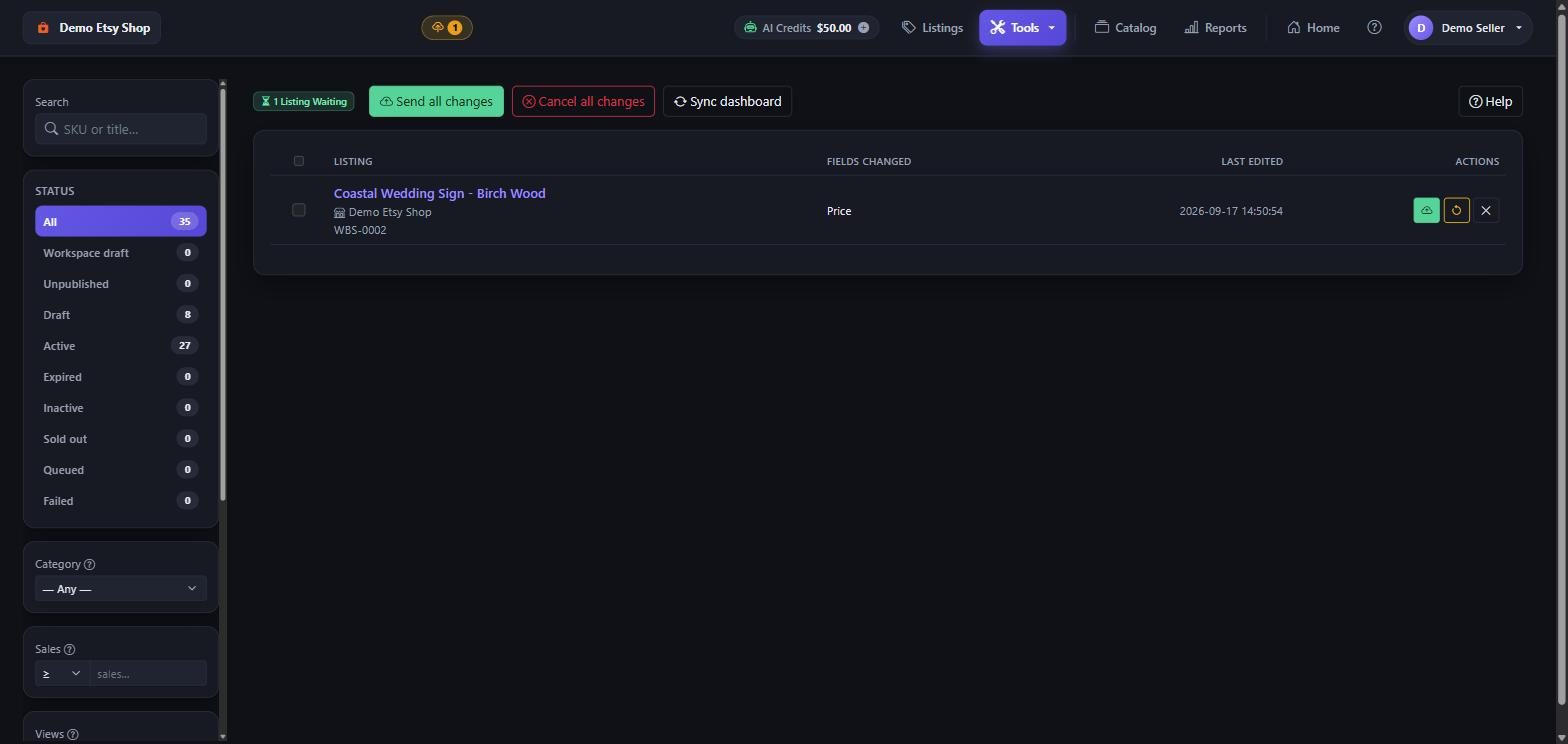 The pending changes list showing each edited field with its old and new value and a send button.