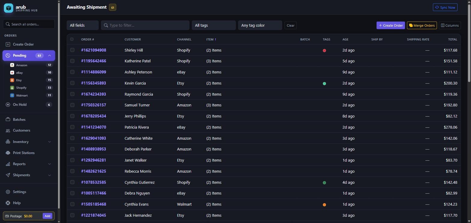 The Arub order list showing orders from several marketplaces with tags, channel, item, age and total.
