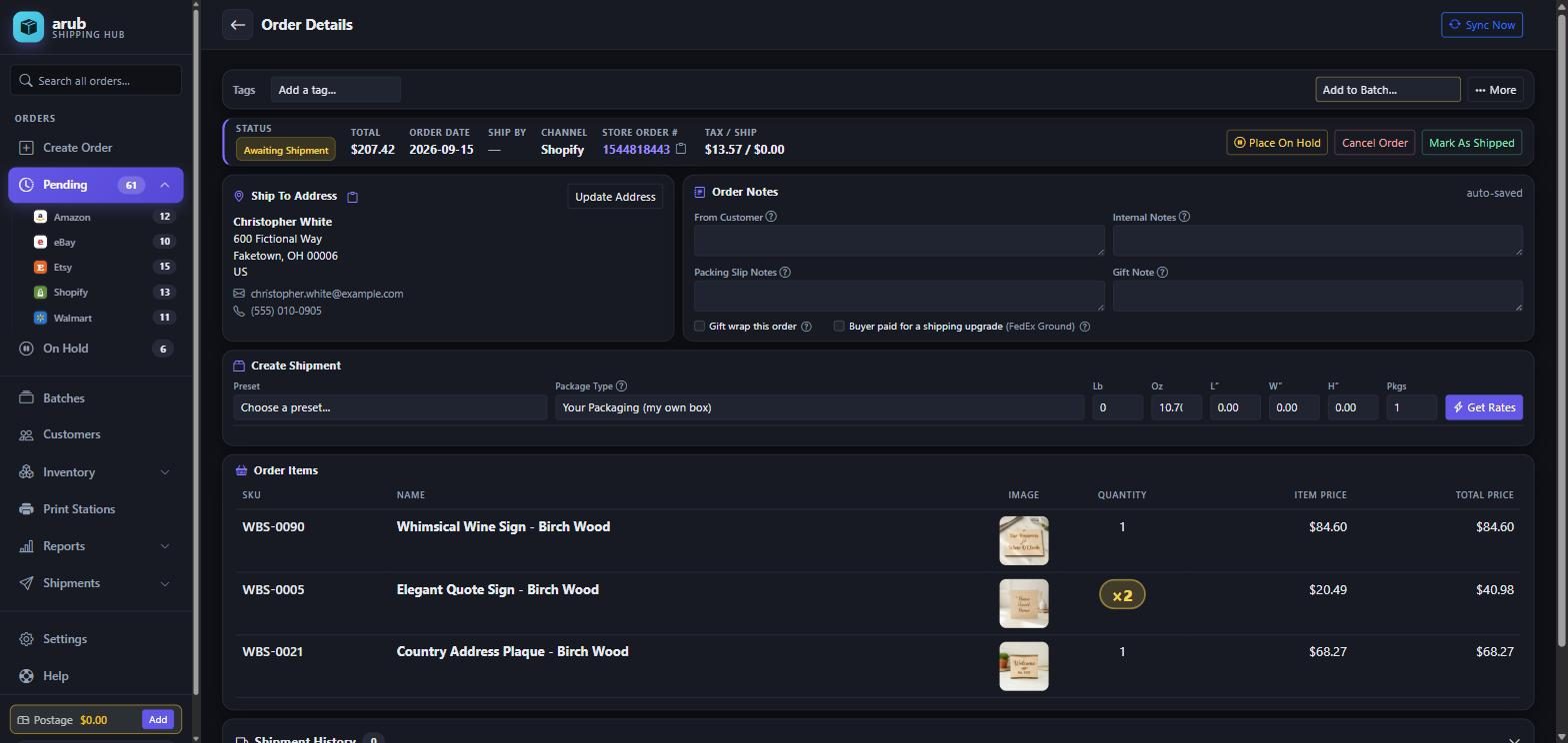 The order screen showing the items, the ship-to address, notes and the package size entry.